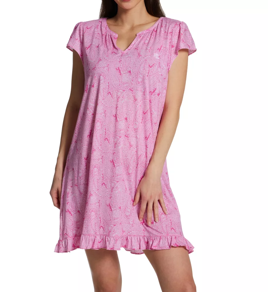 Classic Knit Split Neck Short Sleeve Flounce Gown Pink Paisley M