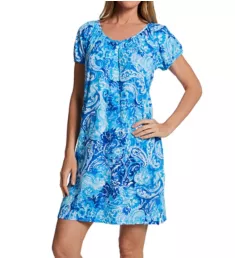 Short Sleeve V-Neck Gown Blue Paisley S