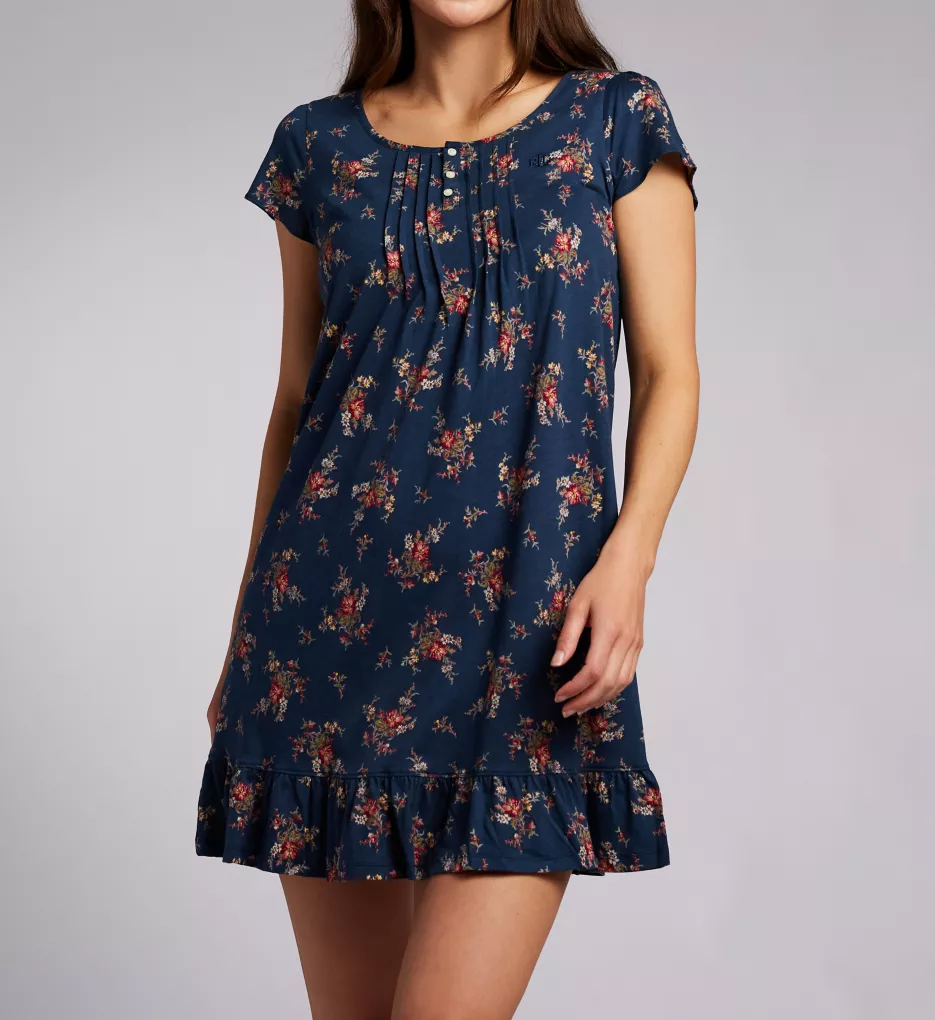 Classic Knit Flutter Sleeve Short Flounce Gown Navy Print S