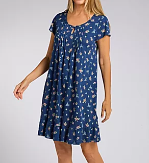 Flutter Sleeve Keyhole Neck Short Gown Navy Print S