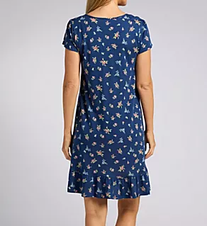 Flutter Sleeve Keyhole Neck Short Gown Navy Print S