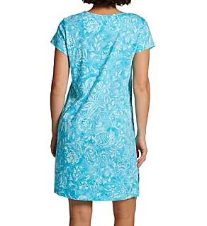 Classic Knit Short Sleeve Crew Neck Sleep Tee Turquoise Print S