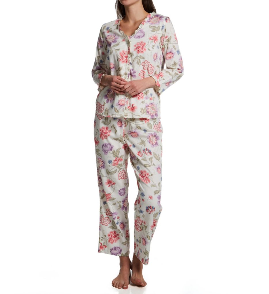 Classic Woven 3/4 Sleeve Ruffle V-Neck Pant PJ Set-fs