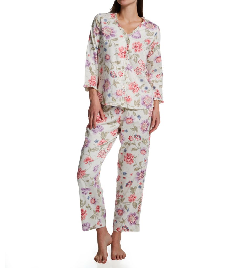 Classic Woven 3/4 Sleeve Ruffle V-Neck Pant PJ Set