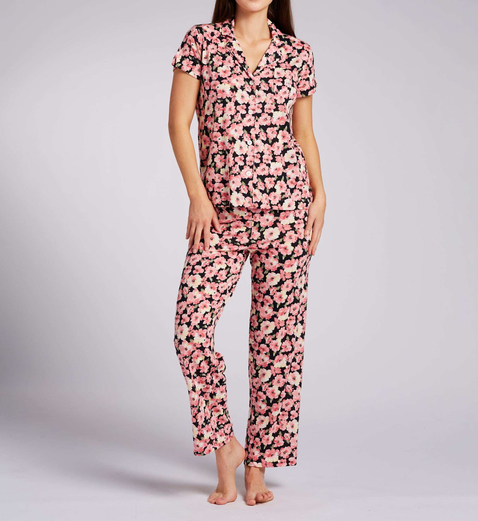 Lauren Ralph Lauren Short Sleeve Notch Collar Ankle Pant PJ Set Pink Floral M  - Image 1