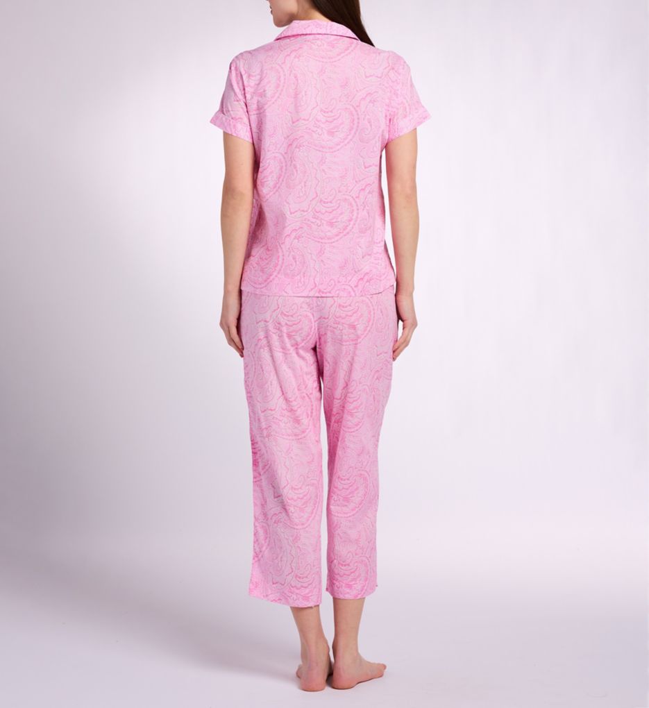 Lauren Ralph Lauren Short Sleeve Notch Collar Cropped Pant PJ Set Pink Paisley S  - Image 2