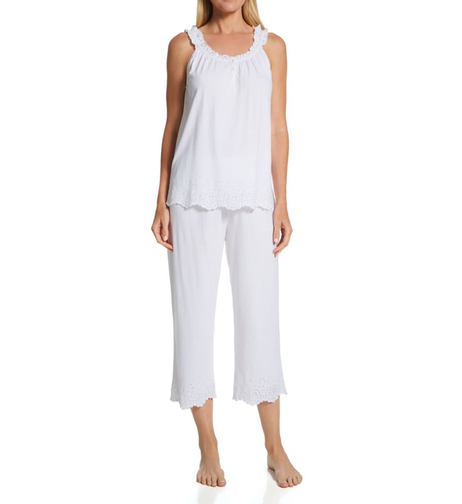 Sleeveless Eyelet Ruffled Button Neck Capri PJ Set-fs