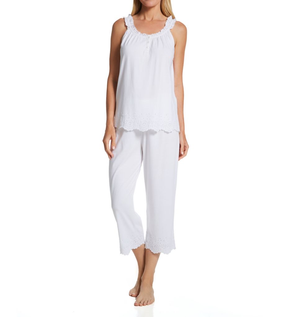 Sleeveless Eyelet Ruffled Button Neck Capri PJ Set