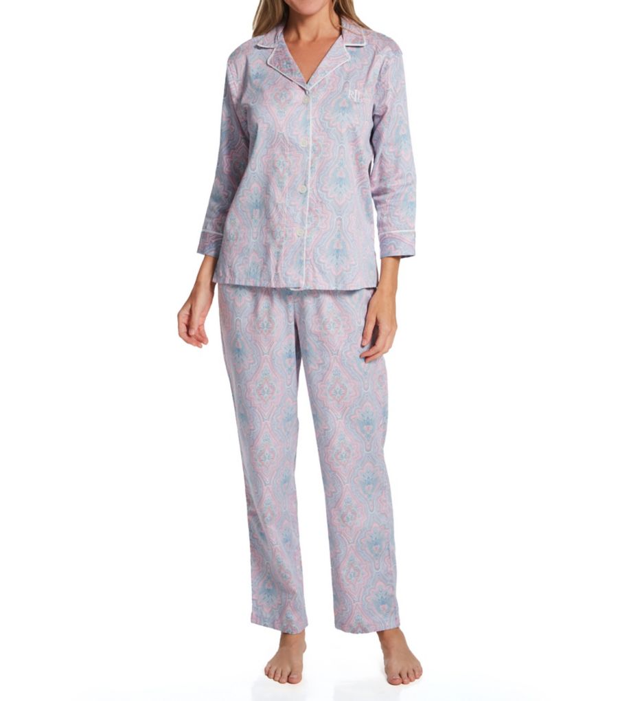 Sateen 3/4 Sleeve Notch Collar Long Pant PJ Set-fs