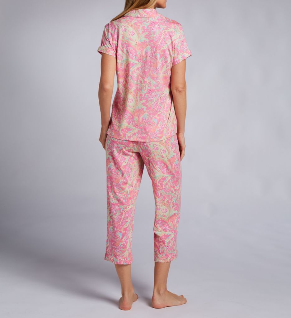 Lauren Ralph Lauren Women's Short Sleeve Notch Collar Capri Pant Pajama Set, Pink, Medium, Cotton