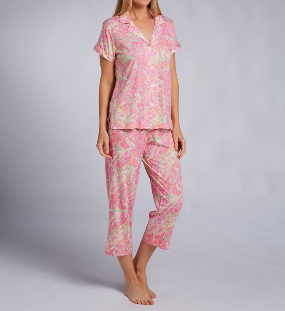 Lauren Ralph Lauren Short Sleeve Notch Collar Capri Pant Knit Paisley Pajama Set, Womens, M, Pink Paisley