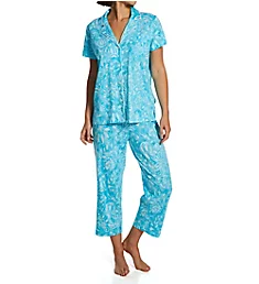 Classic Knit Short Sleeve Capri Pant PJ Set Turquoise Print S