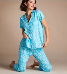 Classic Knit Short Sleeve Capri Pant PJ Set Turquoise Print S