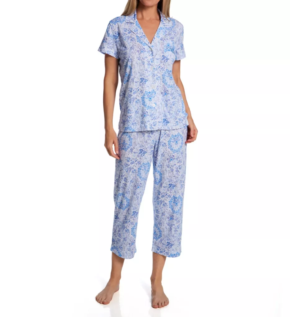 Classic Knit Short Sleeve Crop Pant Pajama Set Blue Floral S