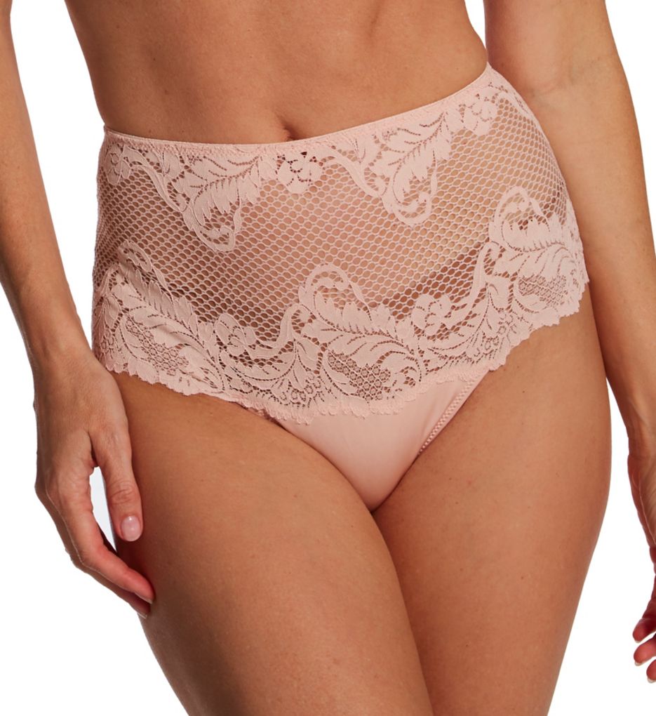 Le Mystere Women's Lace Allure High Waist Thong Panty in Beige | Size Medium | HerRoom.com