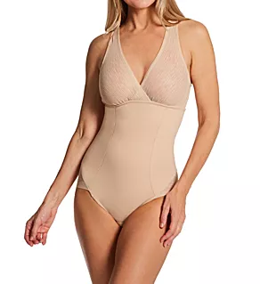 Sheer Stripe Detail Sculpting Bodysuit Golden Beige XL