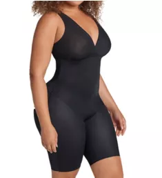 Sheer Stripe Sculpting Mid-Thigh Bodysuit Shaper Black S