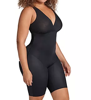 Sheer Stripe Sculpting Mid-Thigh Bodysuit Shaper Black M