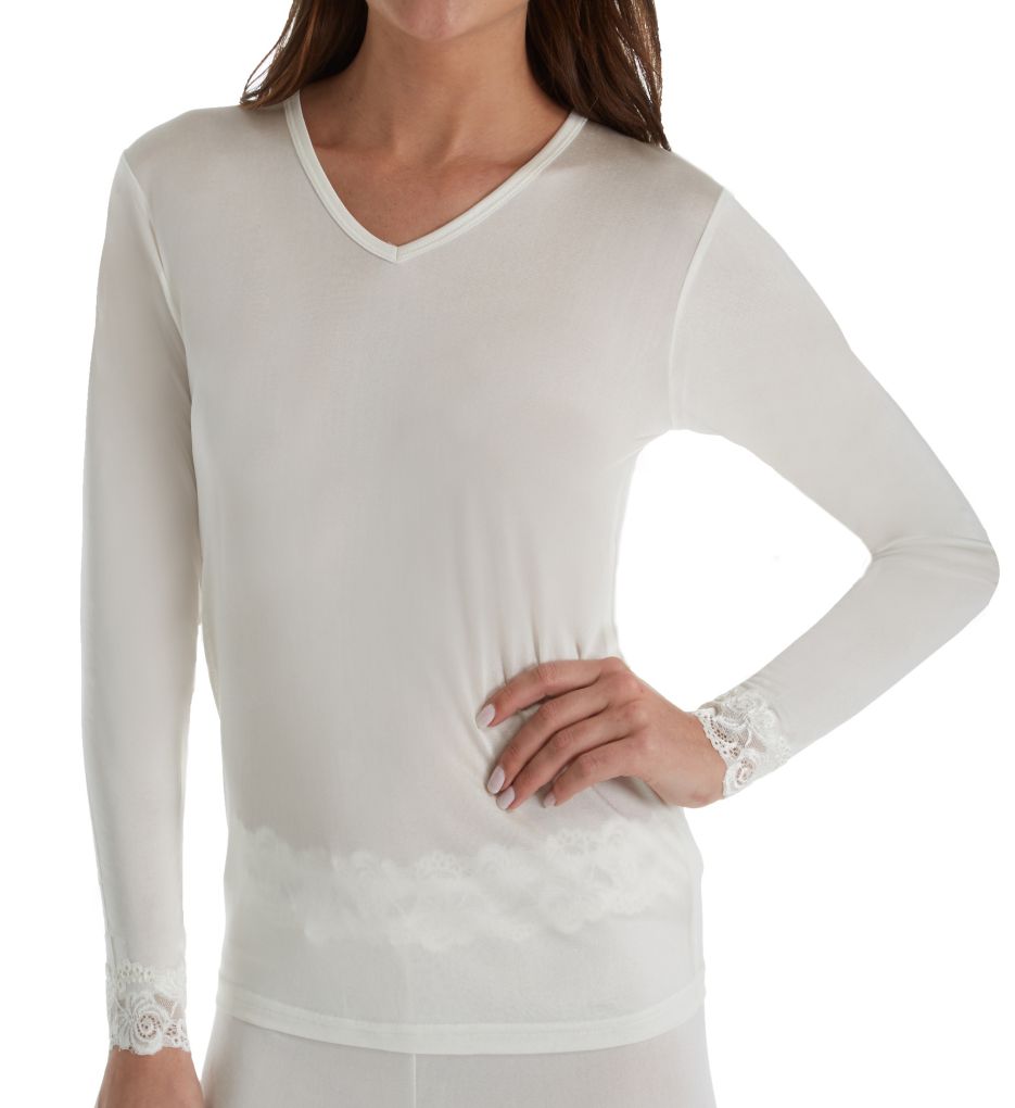 Silk Knit Long Sleeve Top with Lace Cuff-fs
