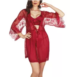 Celine Robe, Bralette & Thong 3-Pc Set Red L