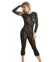 Floral Romance Long Sleeve Body Stocking Black L/XL