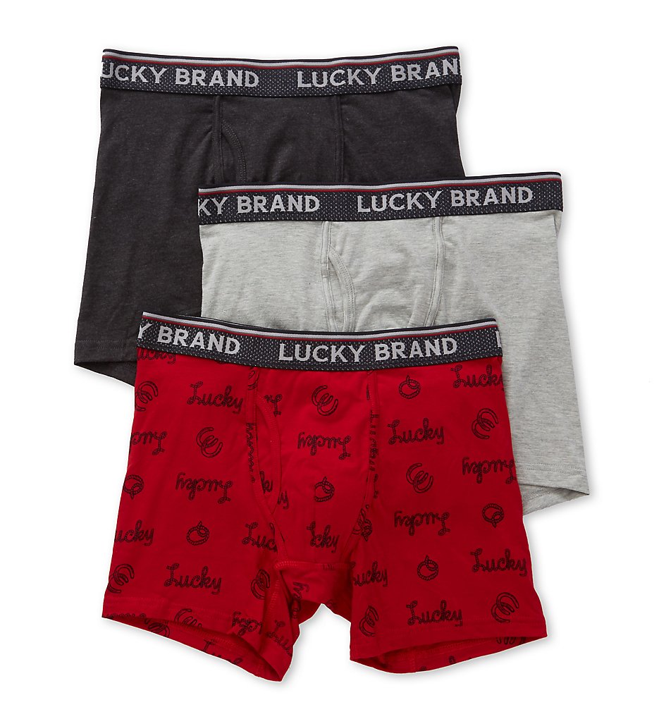 Lucky 173PB07 Cotton Stretch Printed Boxer Briefs - 3 Pack (Charcoal Heather/chili)