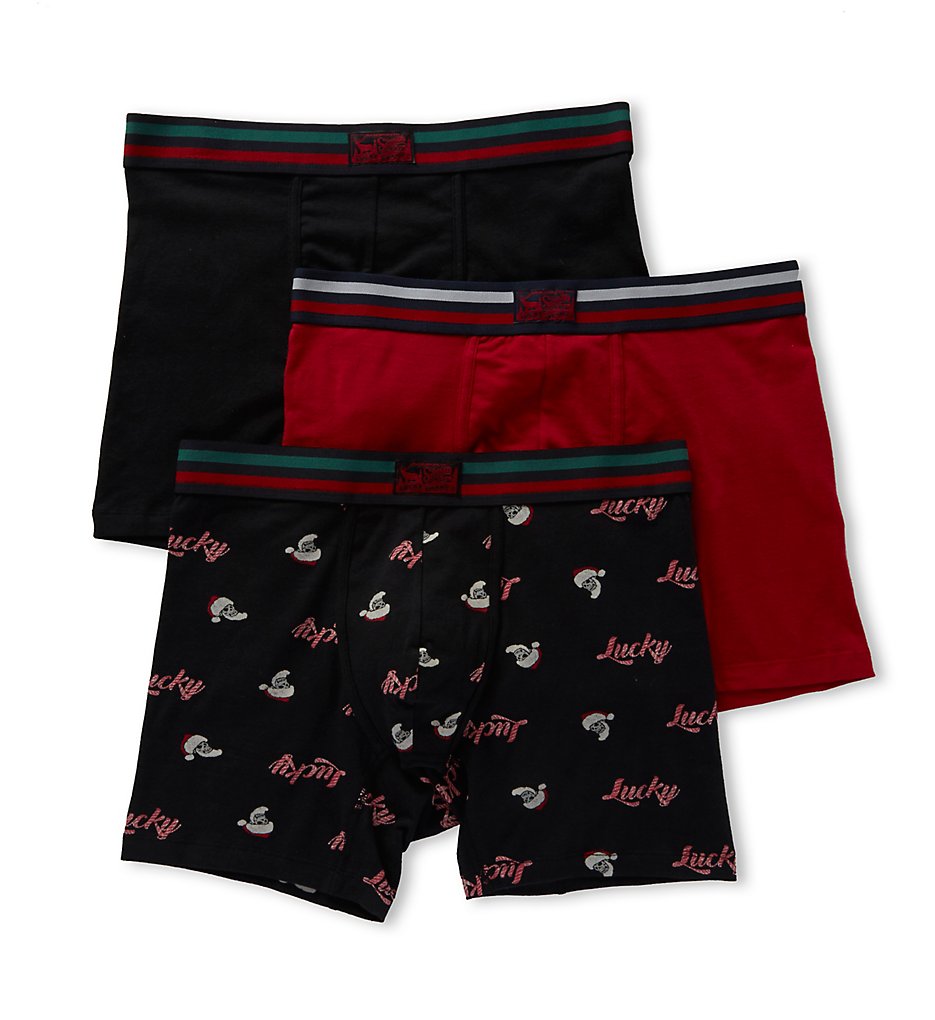 Lucky 173UG01 Holiday Cotton Stretch Boxer Briefs - 3 Pack (Jet Black/Print/Grey)