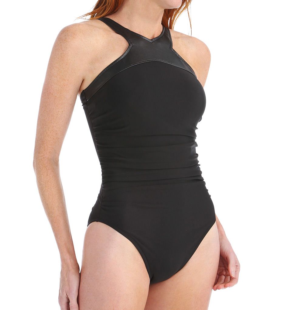 Faux Leather Racer Front Ruched One Piece Swimsuit