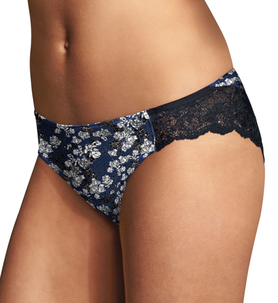 Maidenform Women's Comfort Devotion Lace Back Tanga Panty in Black/Navy Blossoms | Size 8 | HerRoom.com