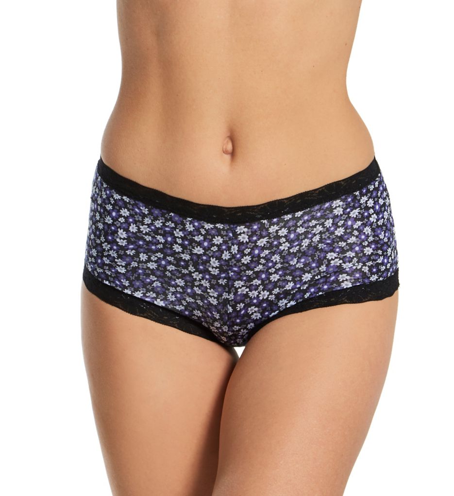 Maidenform Women's Classics Microfiber and Lace Boyshort Panty in Blk Charming Ditsy Prt | Plus Size 5 | HerRoom.com