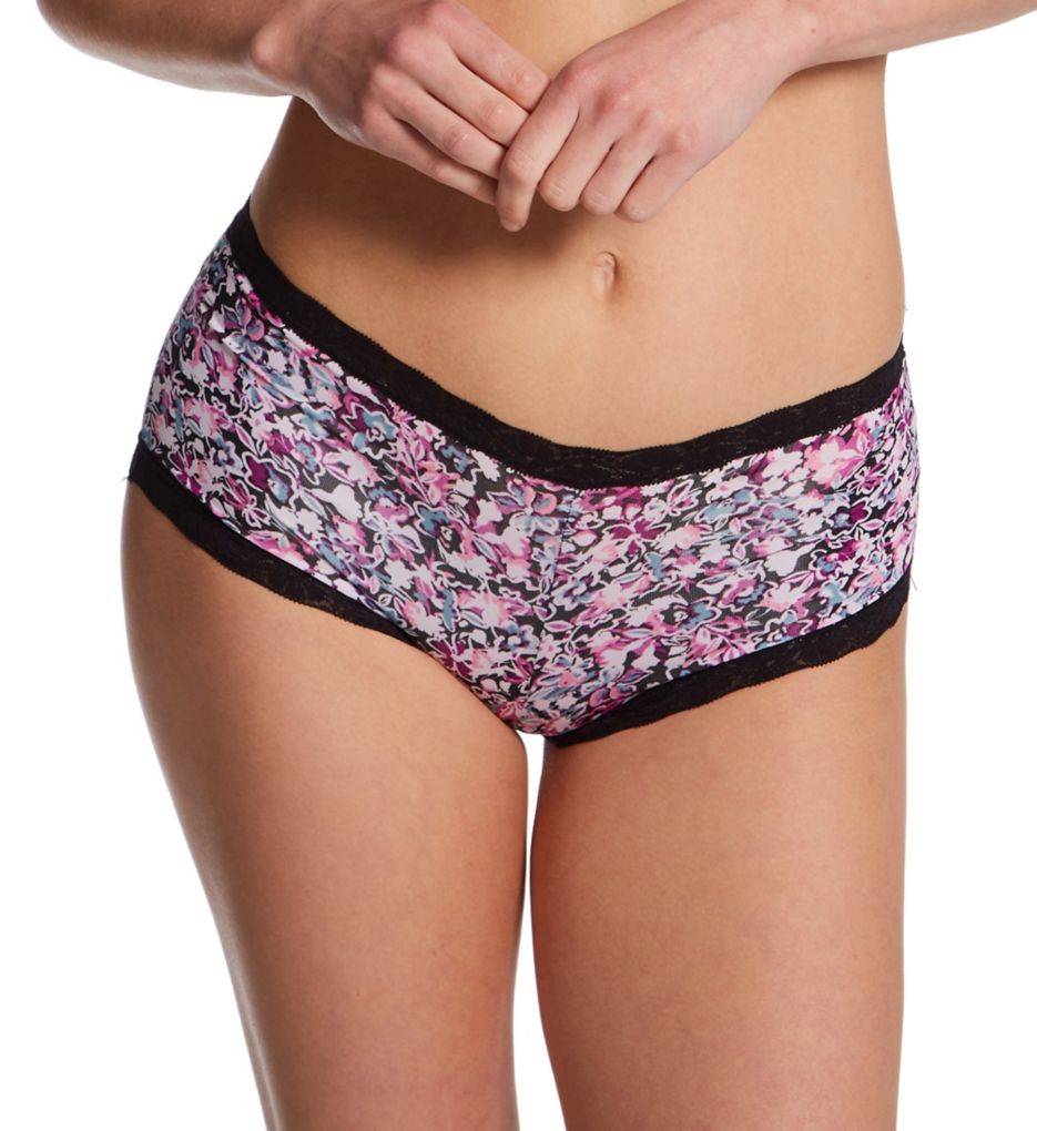 Maidenform Women's Classics Microfiber and Lace Boyshort Panty in Black Floral Fab Print | Plus Size 9 | HerRoom.com
