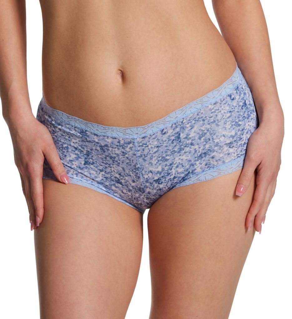 Maidenform Women's Classics Microfiber and Lace Boyshort Panty in White/Sky Blue Floral | Plus Size 6 | HerRoom.com