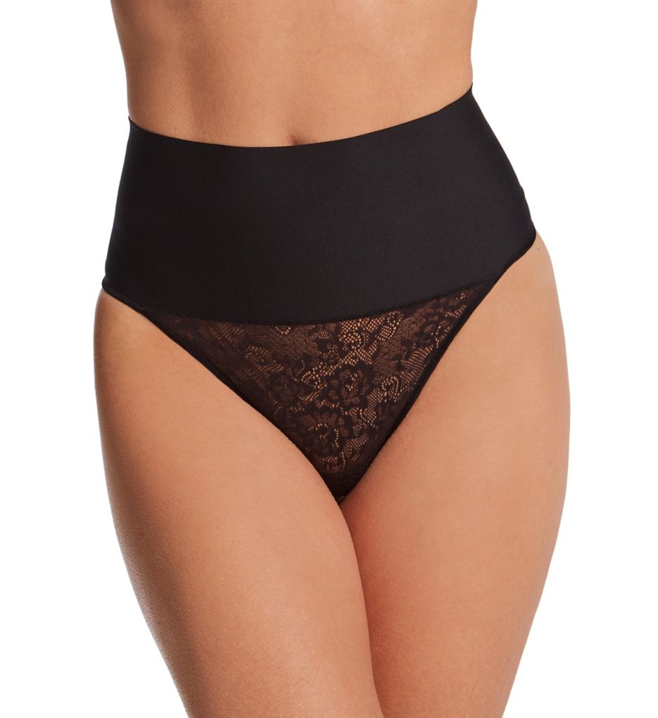 Maidenform Women's Tame Your Tummy Lace Thong Panty in Black Lace | Size Medium | HerRoom.com