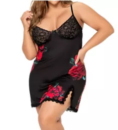 Plus Size Babydoll Thong 2 Pc Set Black Rose Print 3X-4X