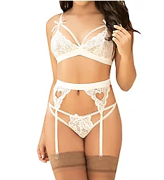 Cage Lace Wireless Bra and Garter Set Ivory M/L