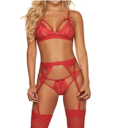 Cage Lace Wireless Bra and Garter Set Red S/M