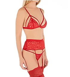 Three Piece Set With Garter Belt And G-String Red S/M