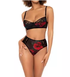 Bra and Panty Two Piece Set Black Rose Print S/M