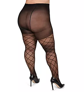 Plus Size Curvy Diamond Sheer Control Top Tights Black Black 1/2X