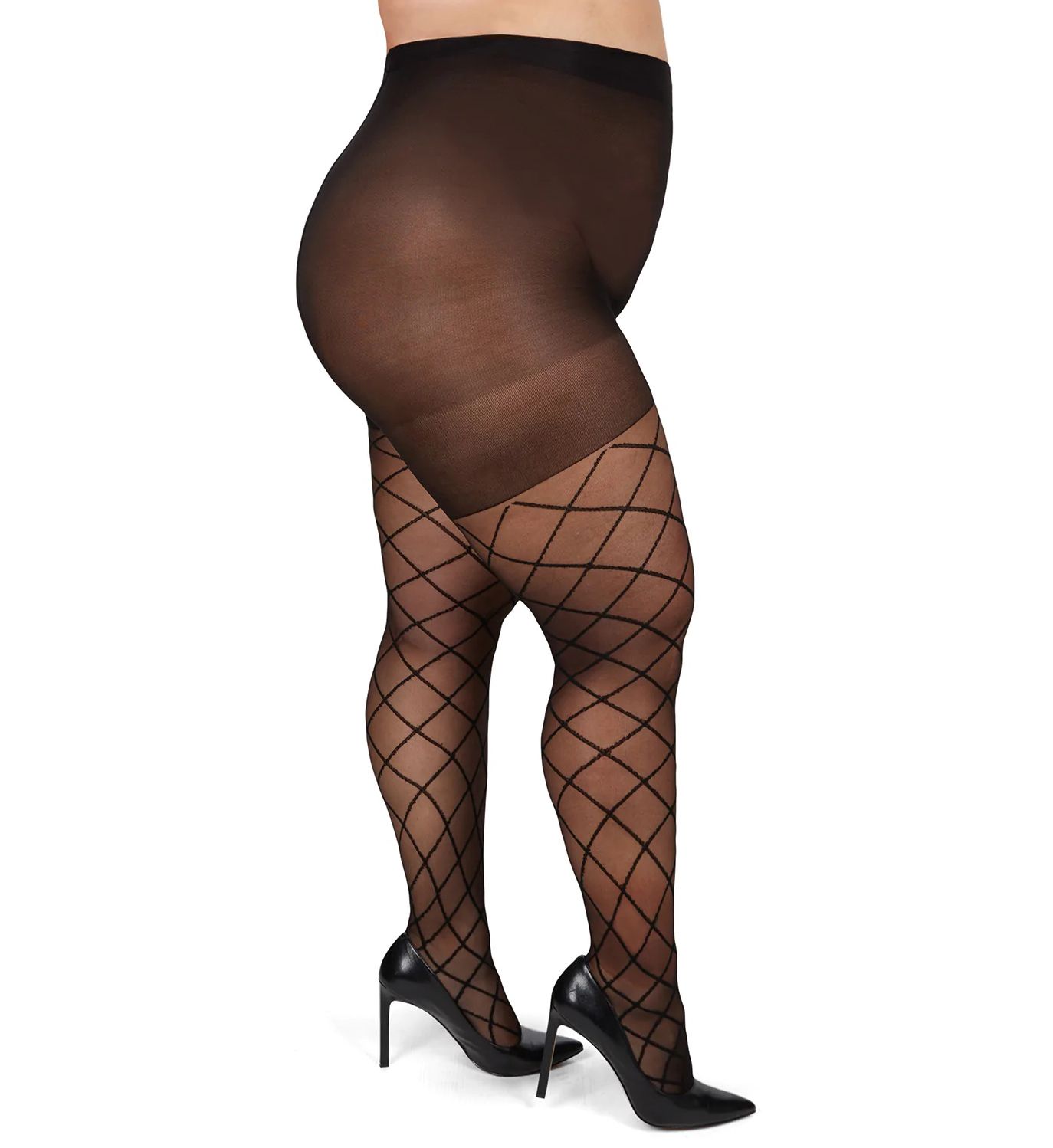 MeMoi Plus Size Curvy Diamond Sheer Control Top Tights Black Black 5/6X  - Image 1