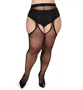 Plus Size Curvy Suspender Lace Trim Pantyhose Black 1/2X