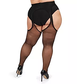 Plus Size Curvy Suspender Lace Trim Pantyhose Black 1/2X