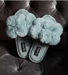 Luxe Pom-Pom Open Toe Plush Slippers Sea Blue S