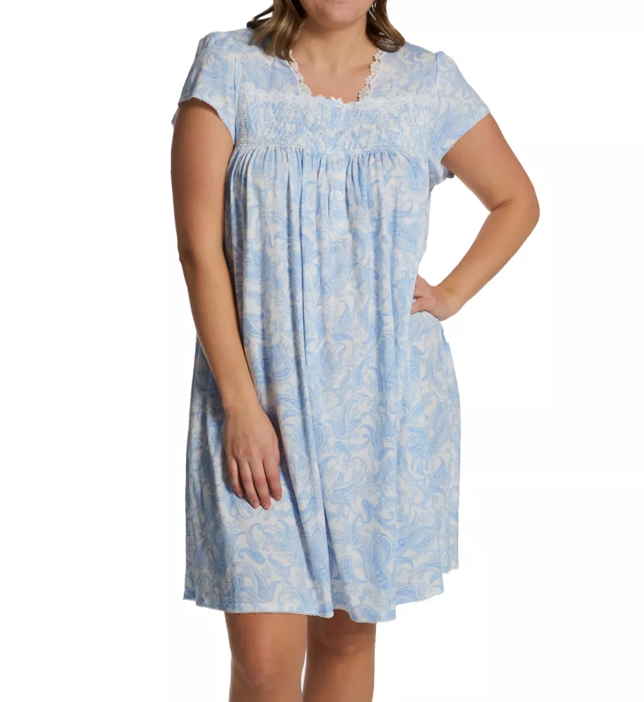 Plus Size Silkyknit Paisley Cap Sleeve Short Gown Blue Monotone Paisley 1X