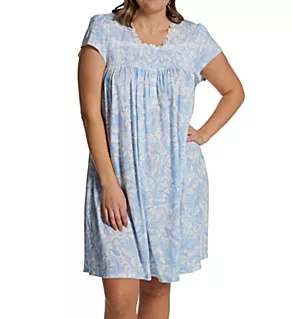 Plus Size Silkyknit Paisley Cap Sleeve Short Gown Blue Monotone Paisley 3X