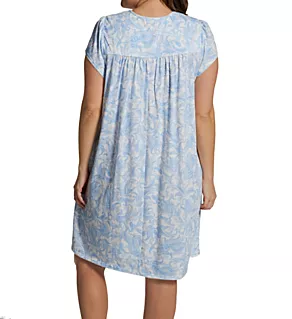 Plus Size Silkyknit Paisley Cap Sleeve Short Gown Blue Monotone Paisley 3X