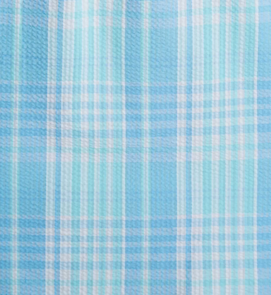 Seersucker Plaid Short Sleeve Short Snap Robe Blue/Mint/White Plaid M