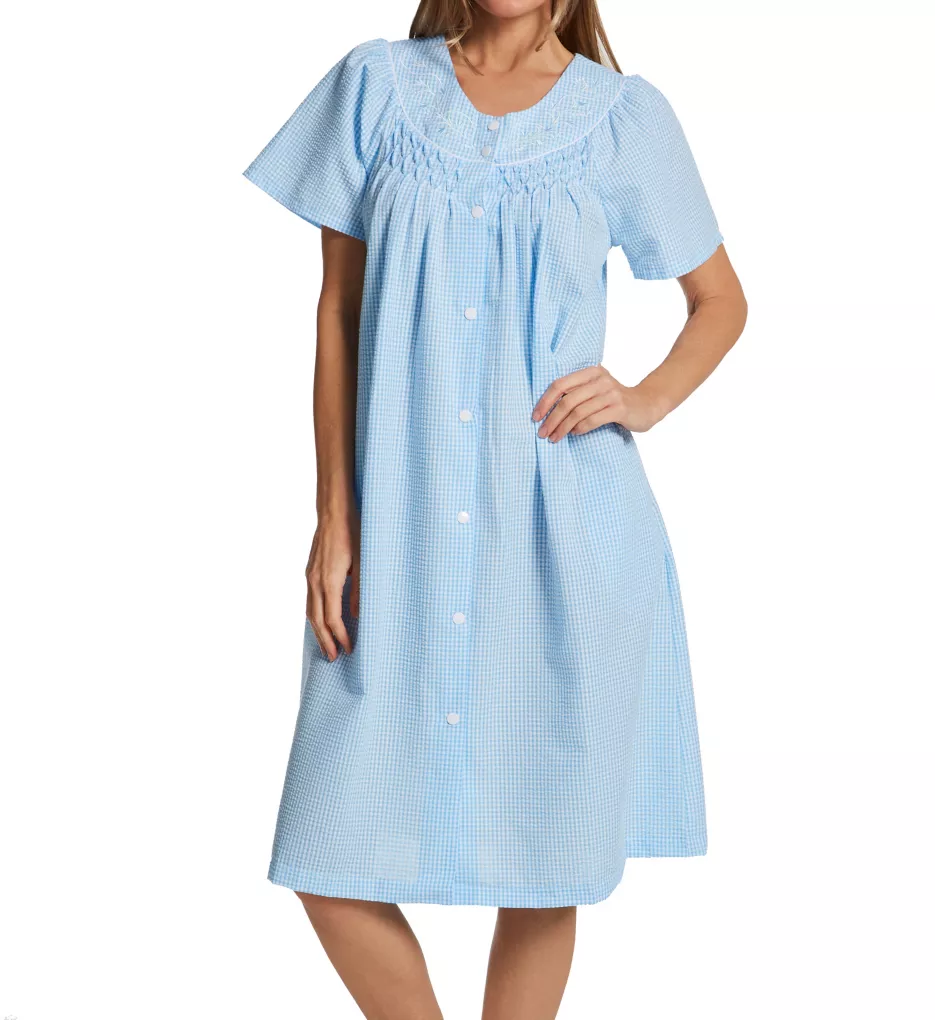 Seersucker Short Sleeve Short Snap Front Robe