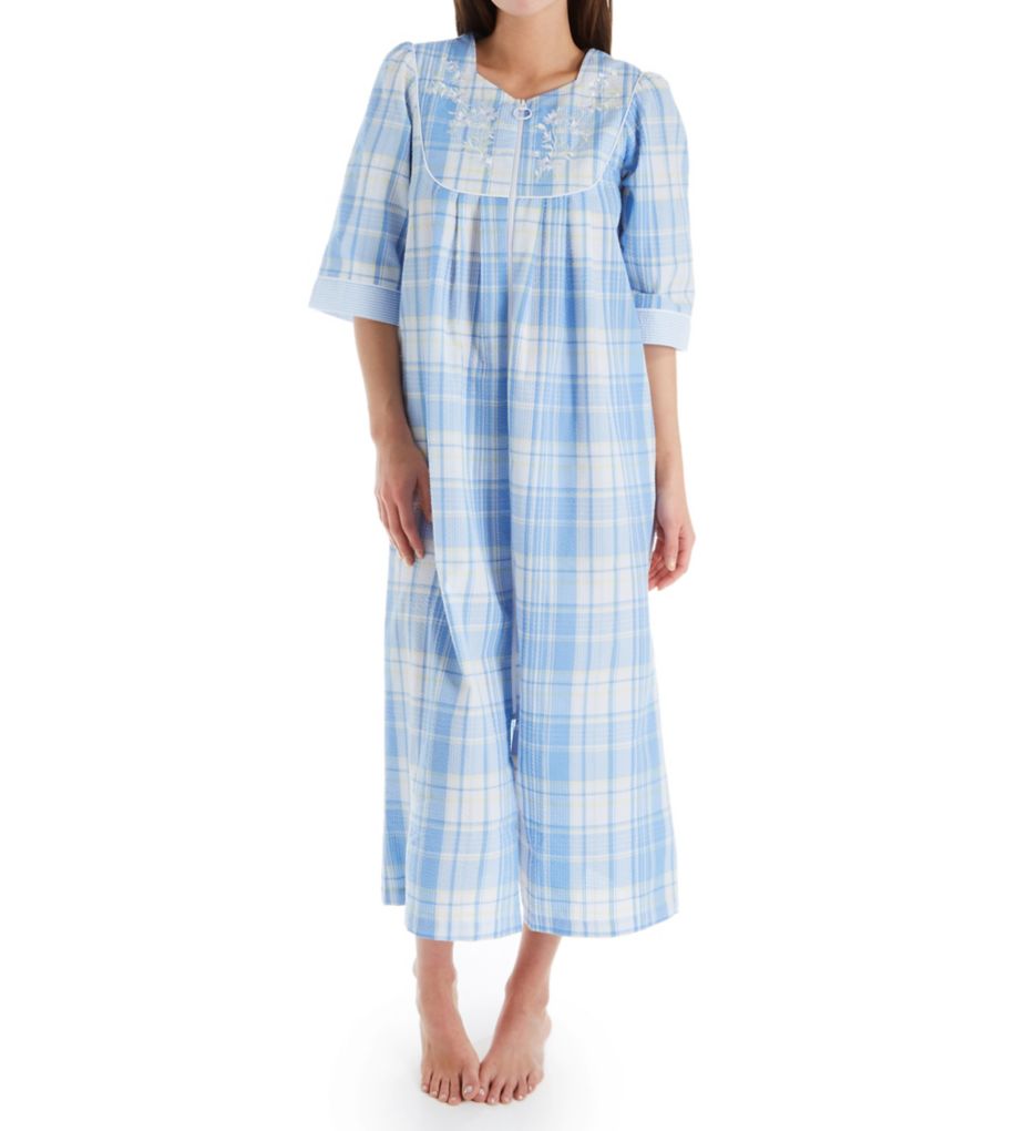 Seersucker Long Plaid Zip Front Robe-fs