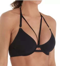 Icon Underwire Halter Strappy Bikini Swim Top Black 30D